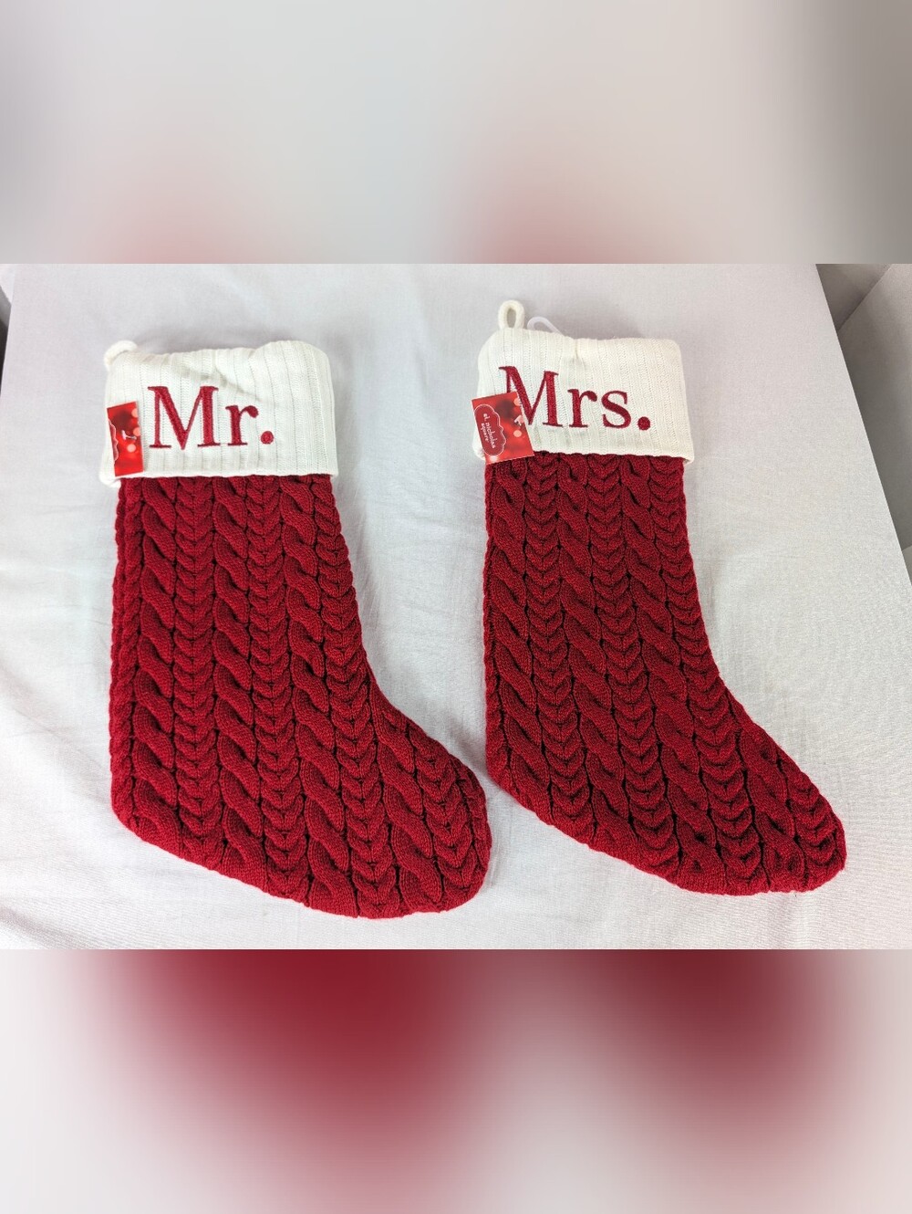 Mr & Mrs Stocking Christmas Red White Cable Knit Embroidered Engaged Married NEW